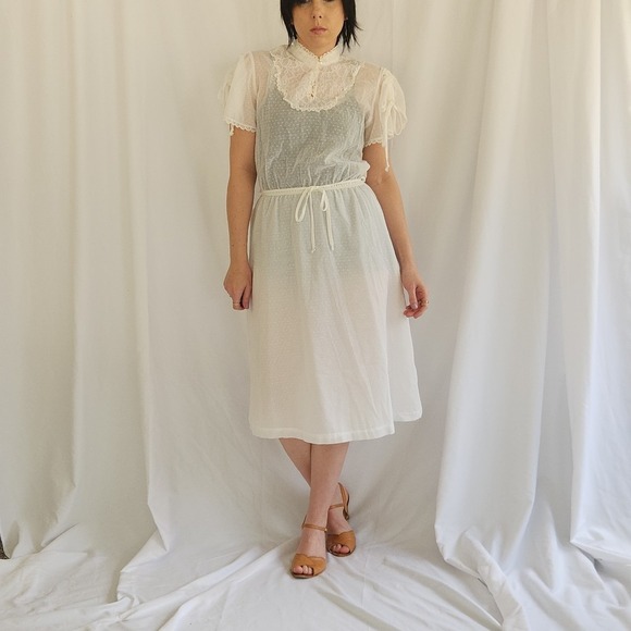 Vintage Dresses & Skirts - 70s Sheer White High Neck Dress